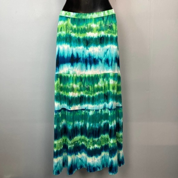 CHICO'S Bright Green Blue Striped Tie Dye Tiered Maxi Skirt Elastic Waist Size S - Picture 2 of 12
